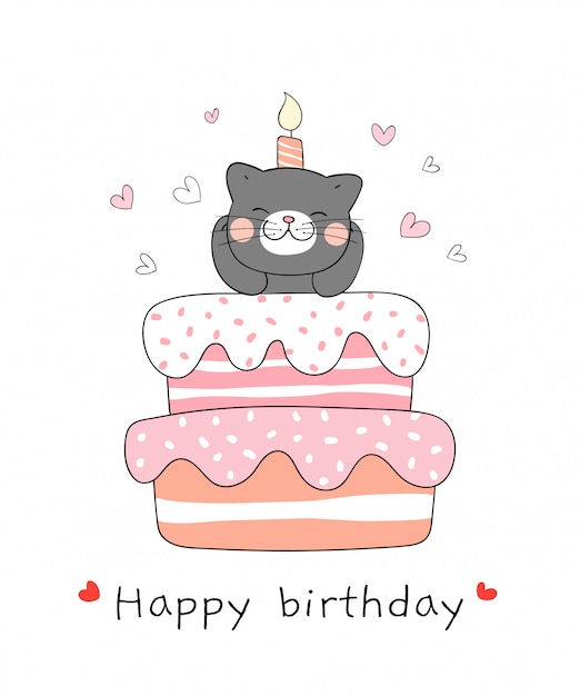 Vector black cat with sweet cake for birthday.