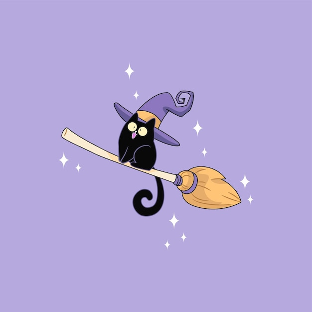 Black cat with a witch hat flying on a broom