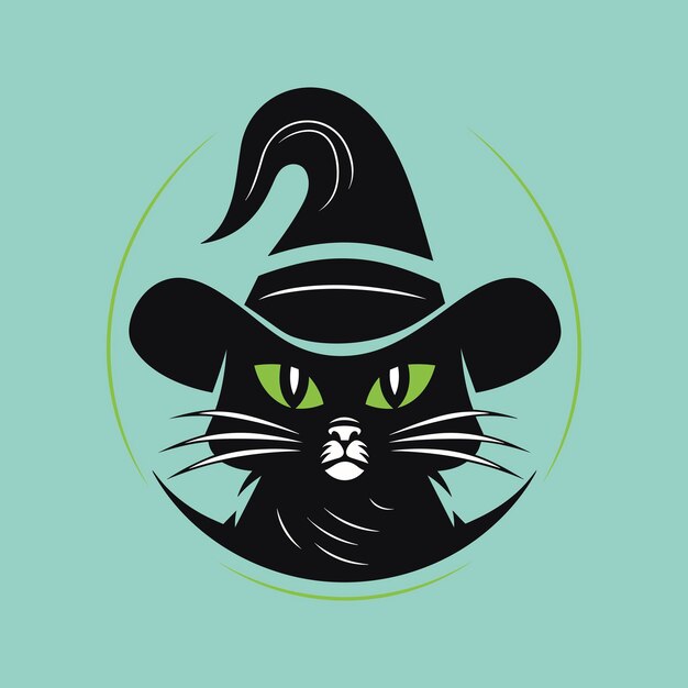 Vector black cat with witch hat and green eyes