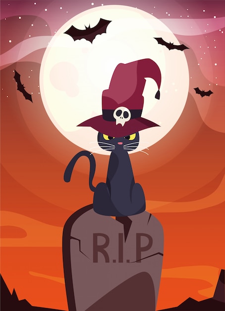 Black cat with wizard hat in cemetery scene