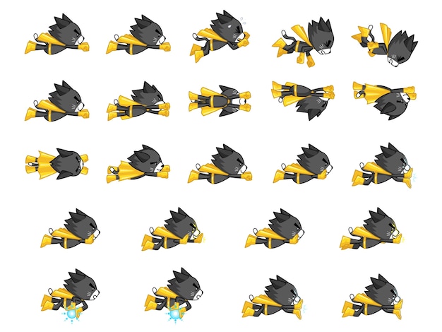 Vector black cat with yellow cape game sprites