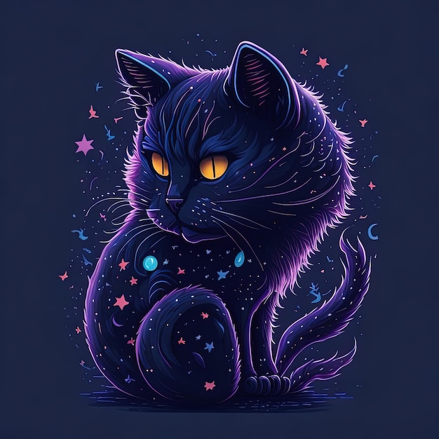 Vector a black cat with yellow eyes and a purple background with stars and stars.