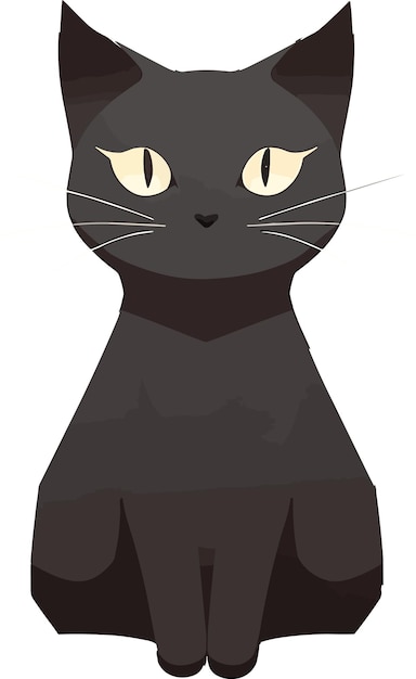 A black cat with yellow eyes sits on a white background.