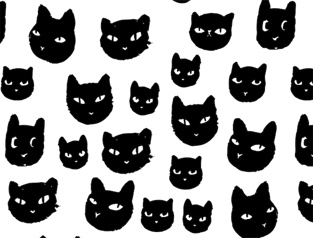 Vector black cats cartoon seamless pattern