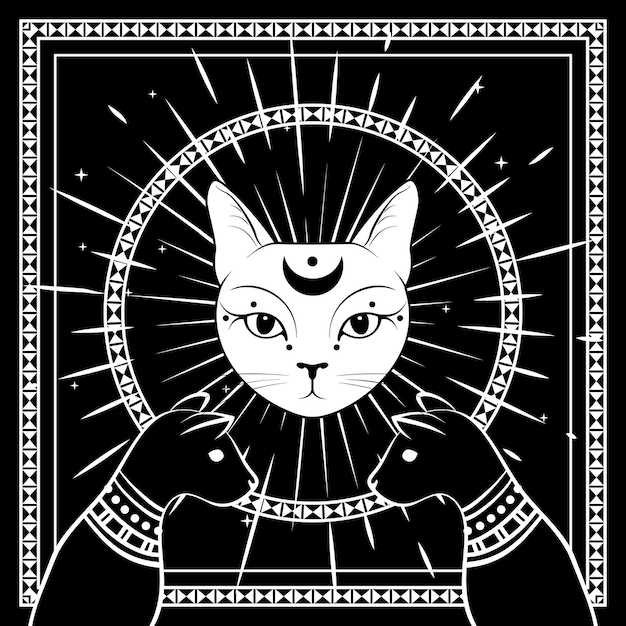 Gatti neri, faccia di gatto con la luna sul cielo notturno con cornice rotonda ornamentale. simboli magici e occulti. illustrazione di stregoneria.