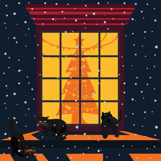 black cats at Christmas windows vector illustration