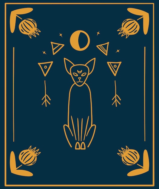 月と星と黒猫の夜空サンプルテキストのフレーム魔法のオカルトシンボル