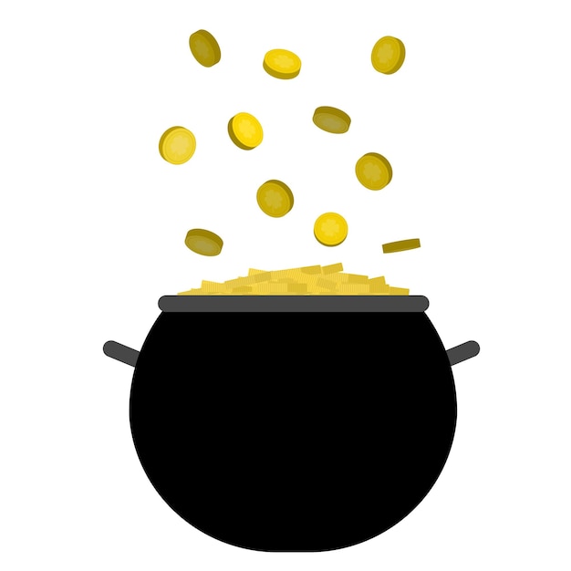 Black cauldron with money. Falling gold coins in cauldron for luck. St Patrick's Day. Vector