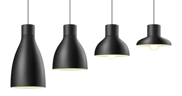 Black ceiling light shade in different shapes and sizes. Metal pendant lamp vector illustration, isolated on white background.