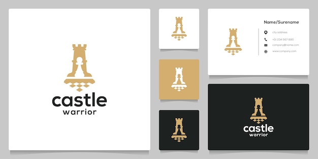 Black chess castle negative space sport silhouette logo design with business card