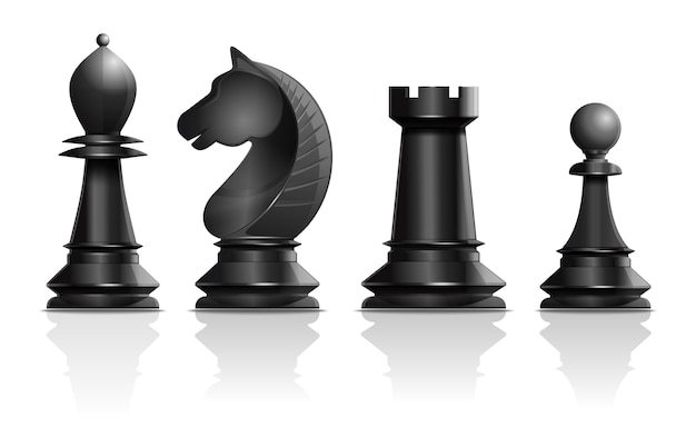 Black chess pieces bishop, knight, rook, pawn. set of chess pieces. chess concept design. realistic illustration isolated on white background