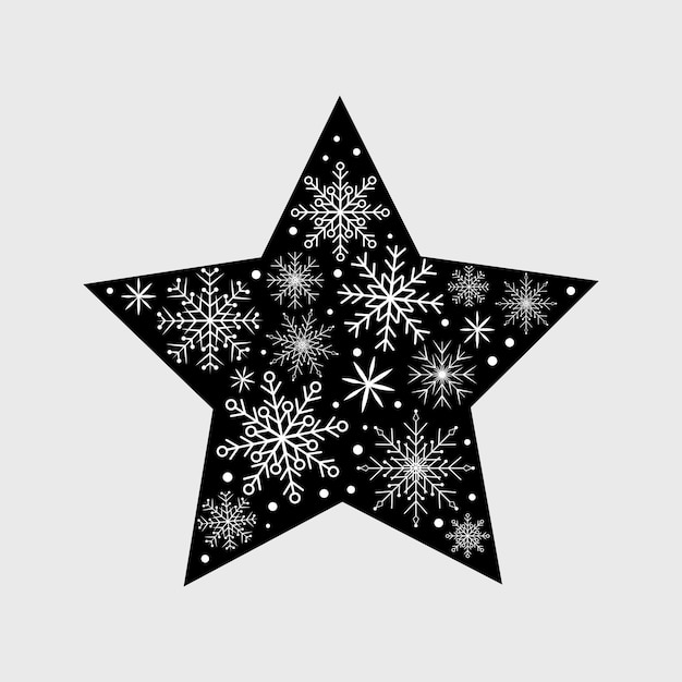 Vector black christmas star with snowfall and snowflakes inside isolated on white vector illustration