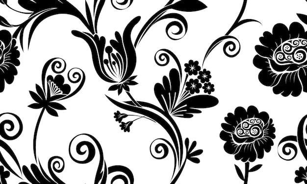 Black chrysanthemums and bellflower seamless patterns for wallpapers textiles printing.