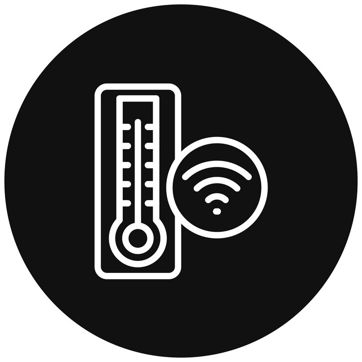 Vector a black circle with a white symbol that says the temperature is on it