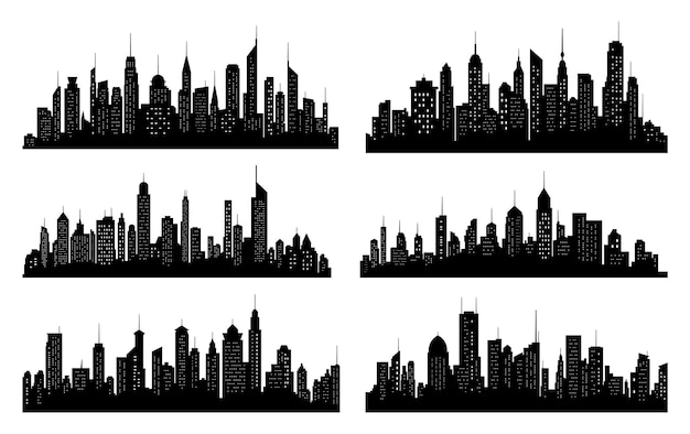 Коллекция силуэтов черных городов Горизонтальный горизонт в плоском стиле, изолированный на белом Городской пейзаж ночного города Векторная иллюстрация