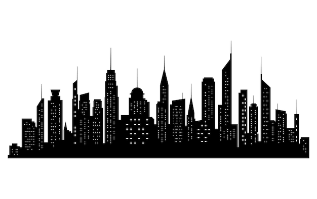 Black cities silhouette collection Horizontal skyline set in flat style isolated on white Cityscape with windows urban panorama of night town Vector illustration