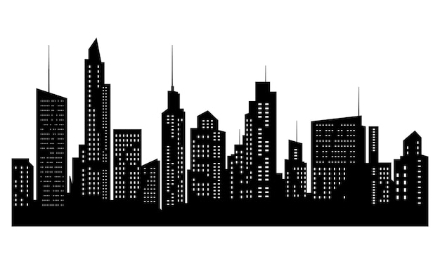 Вектор Черный городский силуэт горизонтального горизонта в плоском стиле, изолированный на белом городском пейзаже с окнами