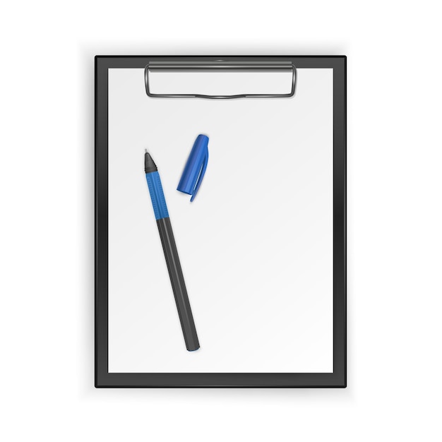 Black clipboard with blank white sheet and realistic pen