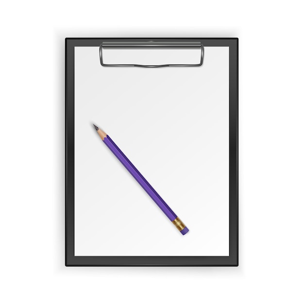 Vector black clipboard with blank white sheet and realistic pencil