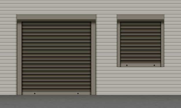 Black closed roller garage shutter door and window with realistic texture on the grey facade