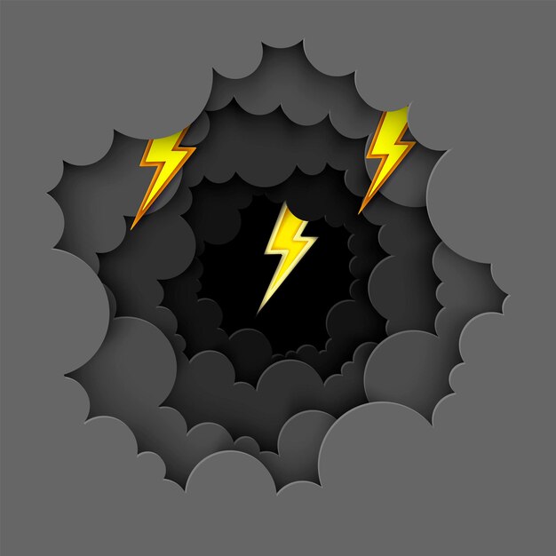 Vector black cloud and yellow lightning paper art background thunder storm effects flash vector