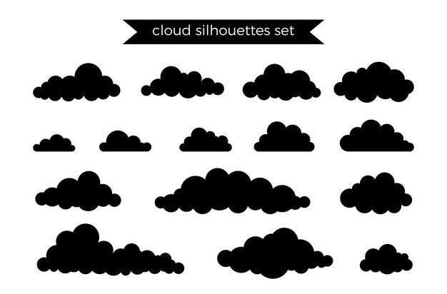 Vector black clouds icons set in flat style isolated on white background simple vector symbols collection