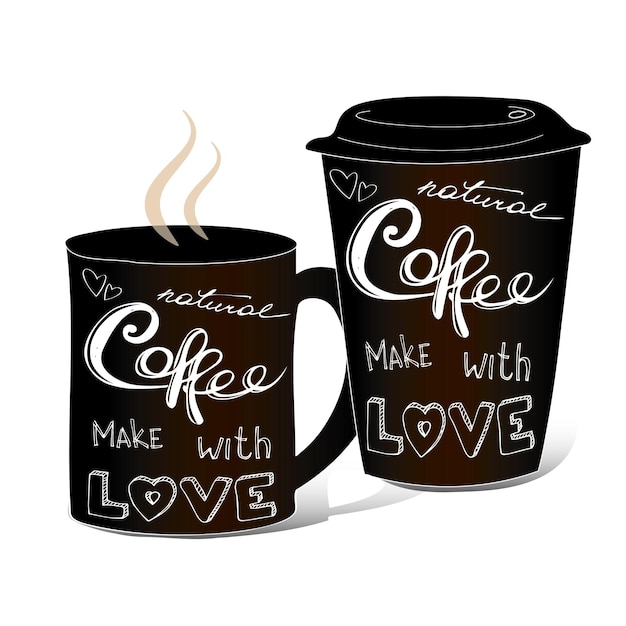 Black coffee cup covered hand drawing on theme of coffee vector illustration on white background