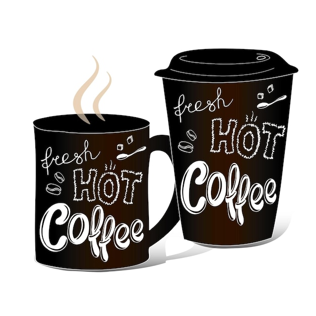 Vector black coffee cup covered with hand drawings on theme of coffee vector illustration white background