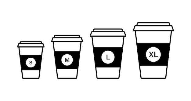 Набор черных кофейных чашек разного размера - s, m, l, xl. Векторная иллюстрация. Бумажные кофейные чашки на вынос