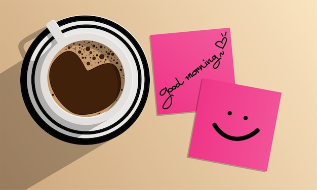 Черный кофе в верхней части чашки и доброе утро текст и улыбка лица на розовой бумаге.