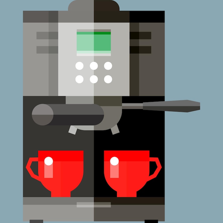 Vector a black coffee maker with two red cups on top of it.