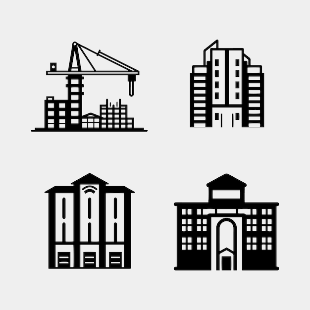 Black color buildings vector set isolated