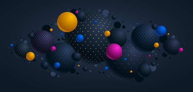 Black and color dotted spheres vector illustration, abstract background with beautiful balls with dots, 3D globes design concept art.