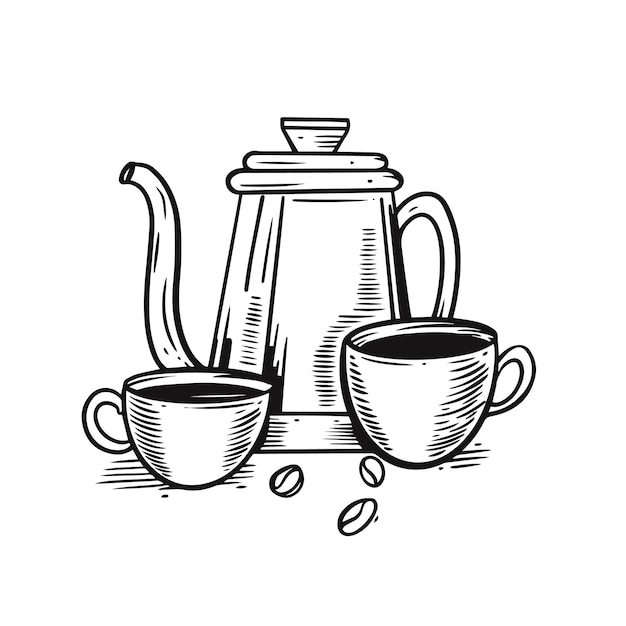 Caffettiera disegnata a mano di colore nero e due tazze illustrazione grafica vettoriale.