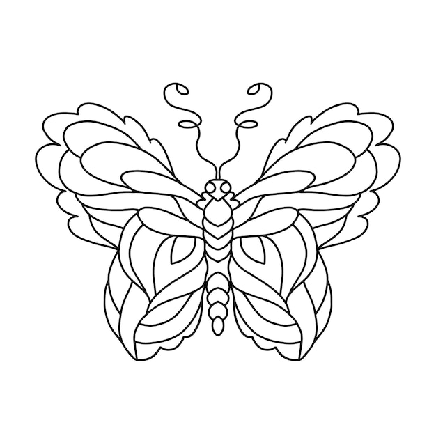 Pagina da colorare nera farfalla doodle. contorno di contorno. illustrazione della linea vettoriale