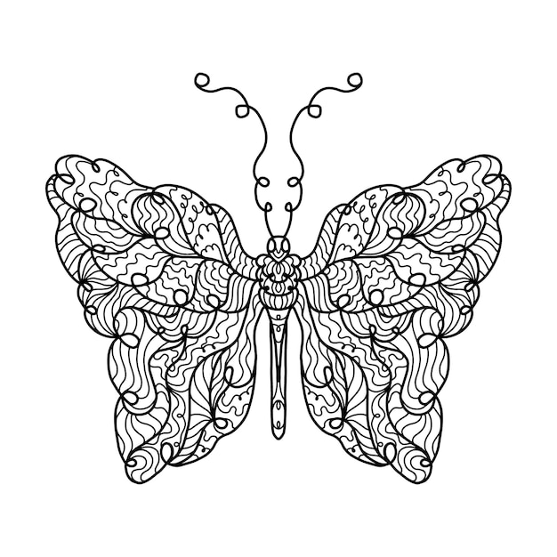 Vector black coloring page butterfly doodle. outline contour drawing. vector line illustration