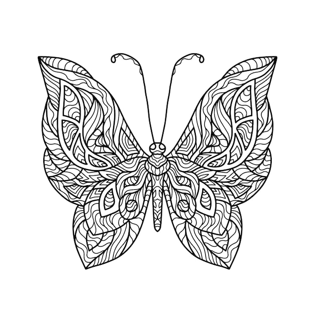 Vettore pagina da colorare nera farfalla doodle. contorno di contorno. illustrazione della linea vettoriale