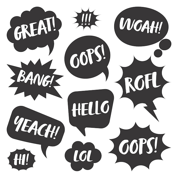 Black comic speech bubbles with handwritten text isolated on white background hand drawn retro cartoon stickers pop art style vector illustration