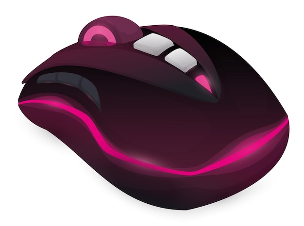 Vector black computer mouse with lateral and middle special buttons scroll and glowing pink led lights