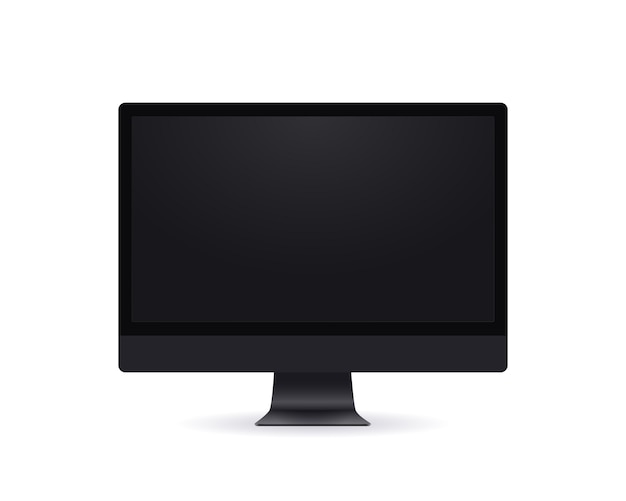 black computer screen, realistic thin frame monitor mockup in modern style with empty screen in front view isolated on white.