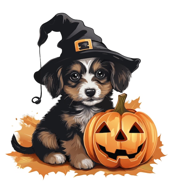 Black corgi dog with halloween hat vector illustration watercolor vector dog with pumpkin on white background