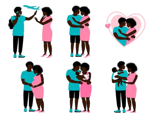 Vettore la storia d'amore di una coppia nera ha impostato un ottimo design per qualsiasi scopo concetto di matrimonio e convivenza coppia di famiglia innamorata