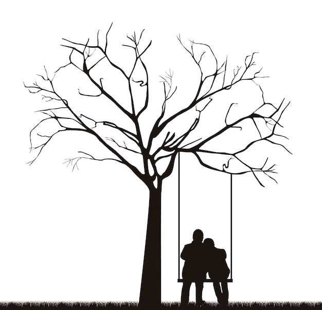 Черная пара под деревом над качелями векторные иллюстрации