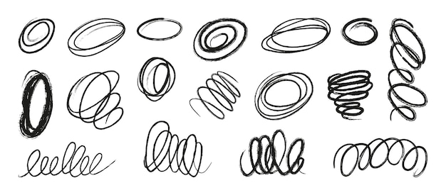 Vector black crayon curly abstract lines squiggles scribble brush strokes isolated on white background