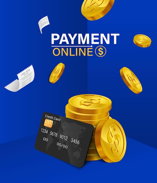 青い背景のコインの山に黒いクレジットカードオンラインショッピングのデビットカード