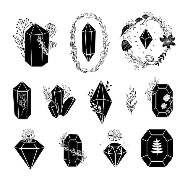 Black crystals diamonds set Vector collection with minerals gemstones line art illustration