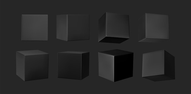 ブラック キューブ コレクション。分離された幾何学的な 3 d オブジェクトの暗い立方体を設定します。現実的な要素のベクトル図