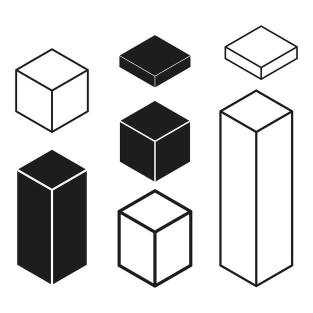 Black cube icons Different perspectives view Geometric shape outlines Vector collection