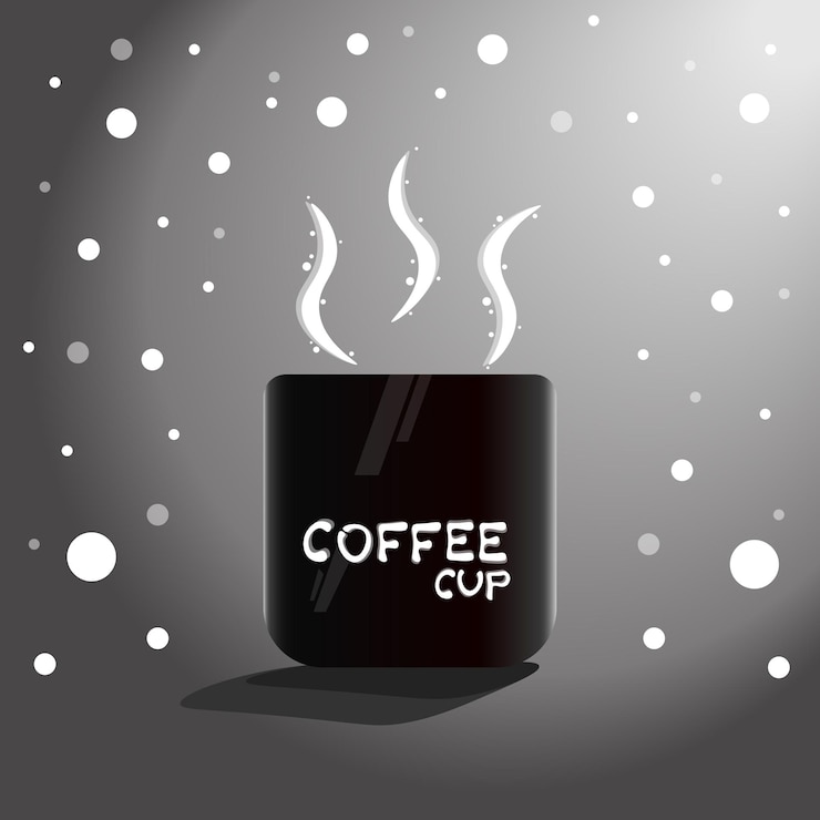 Vector black cup of coffee or tea with smoke float up hot drink flat style decorative design for cafeteria posters banners card