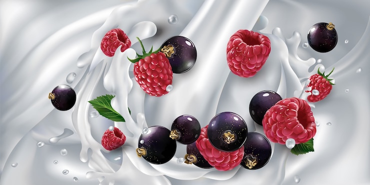 Vector black currants and raspberries in a splash from a stream of pouring milk. realistic illustration.